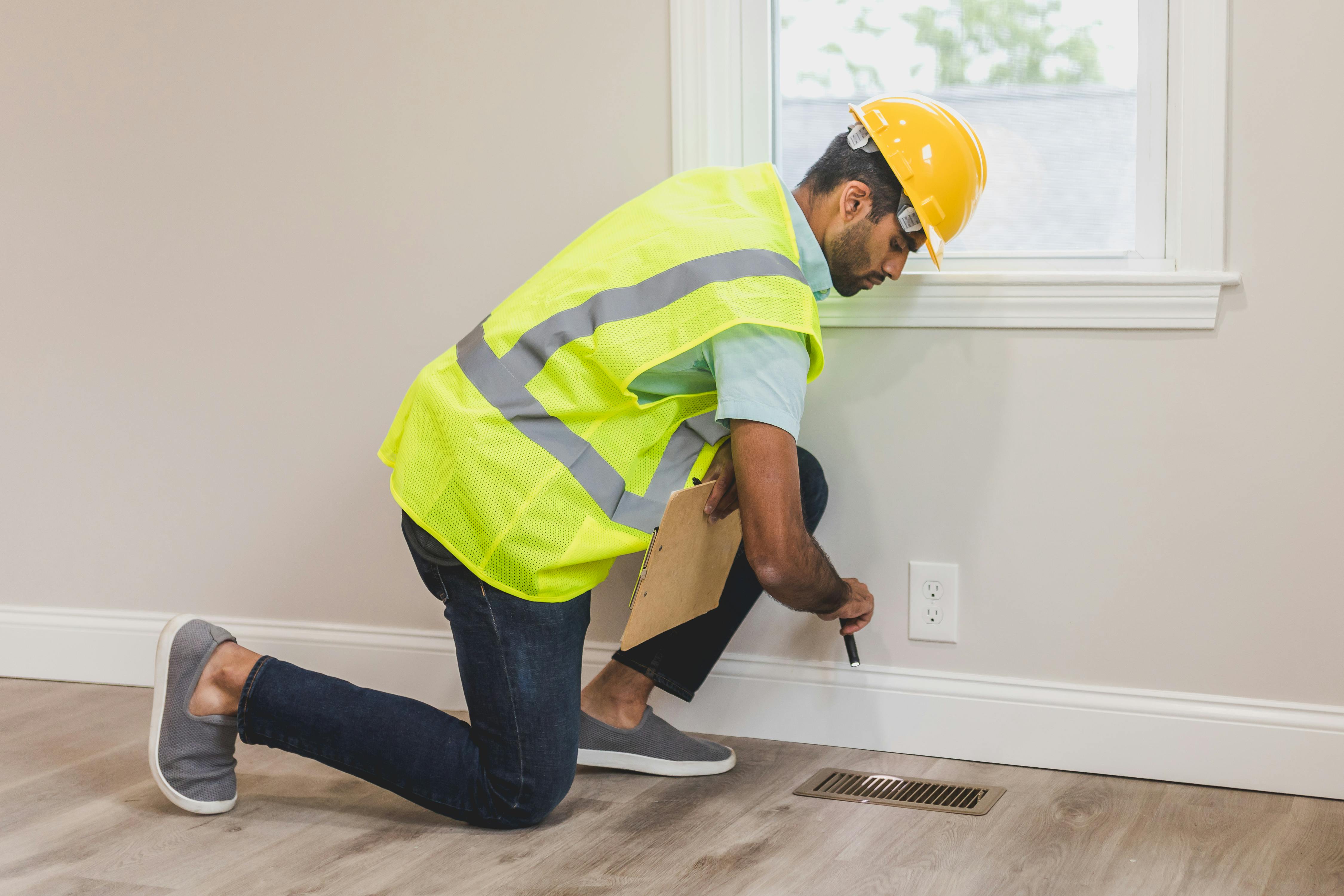 person in hard hat conducting a property inspection